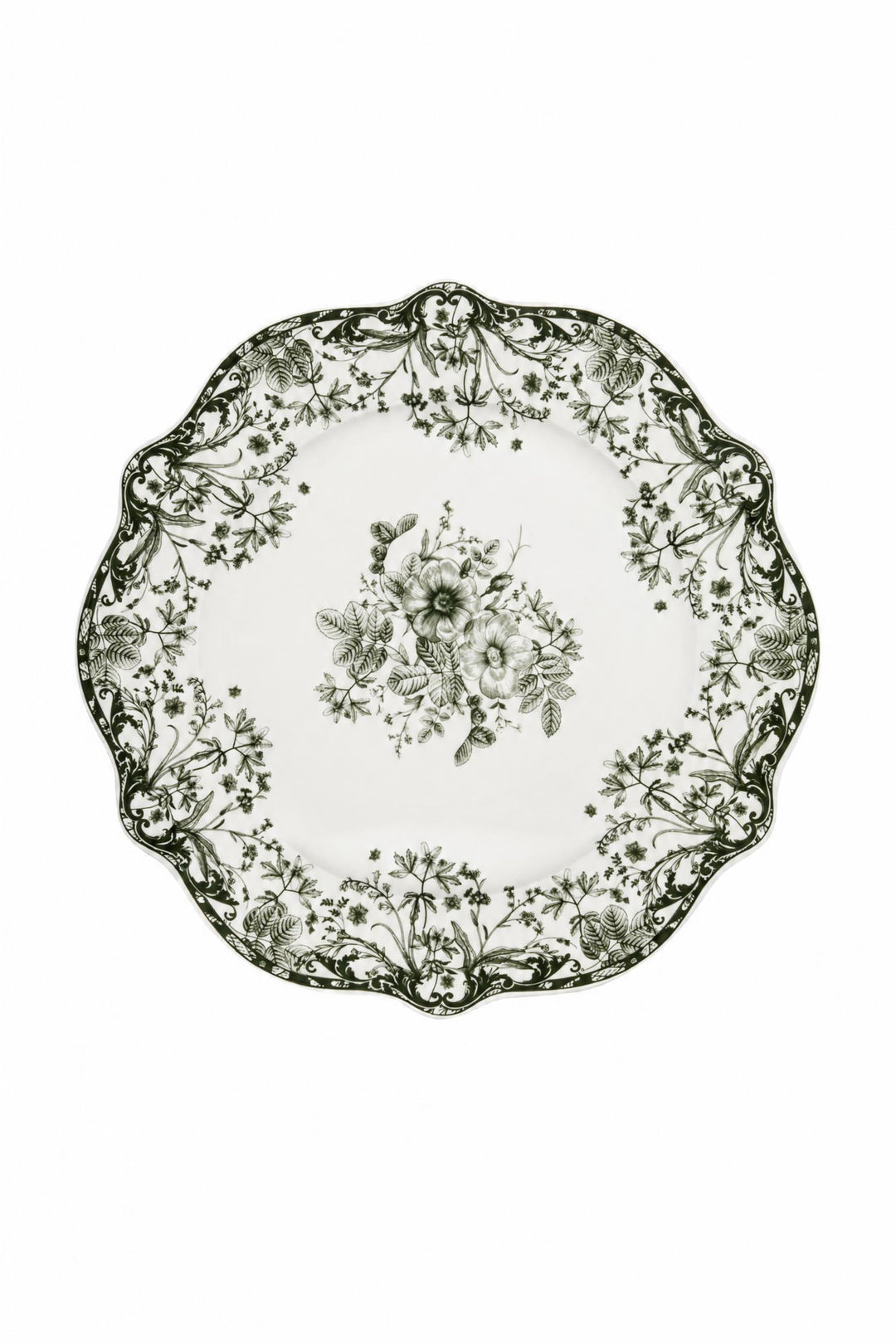 Piatto piano Reverie in porcellana bianco con decoro verde