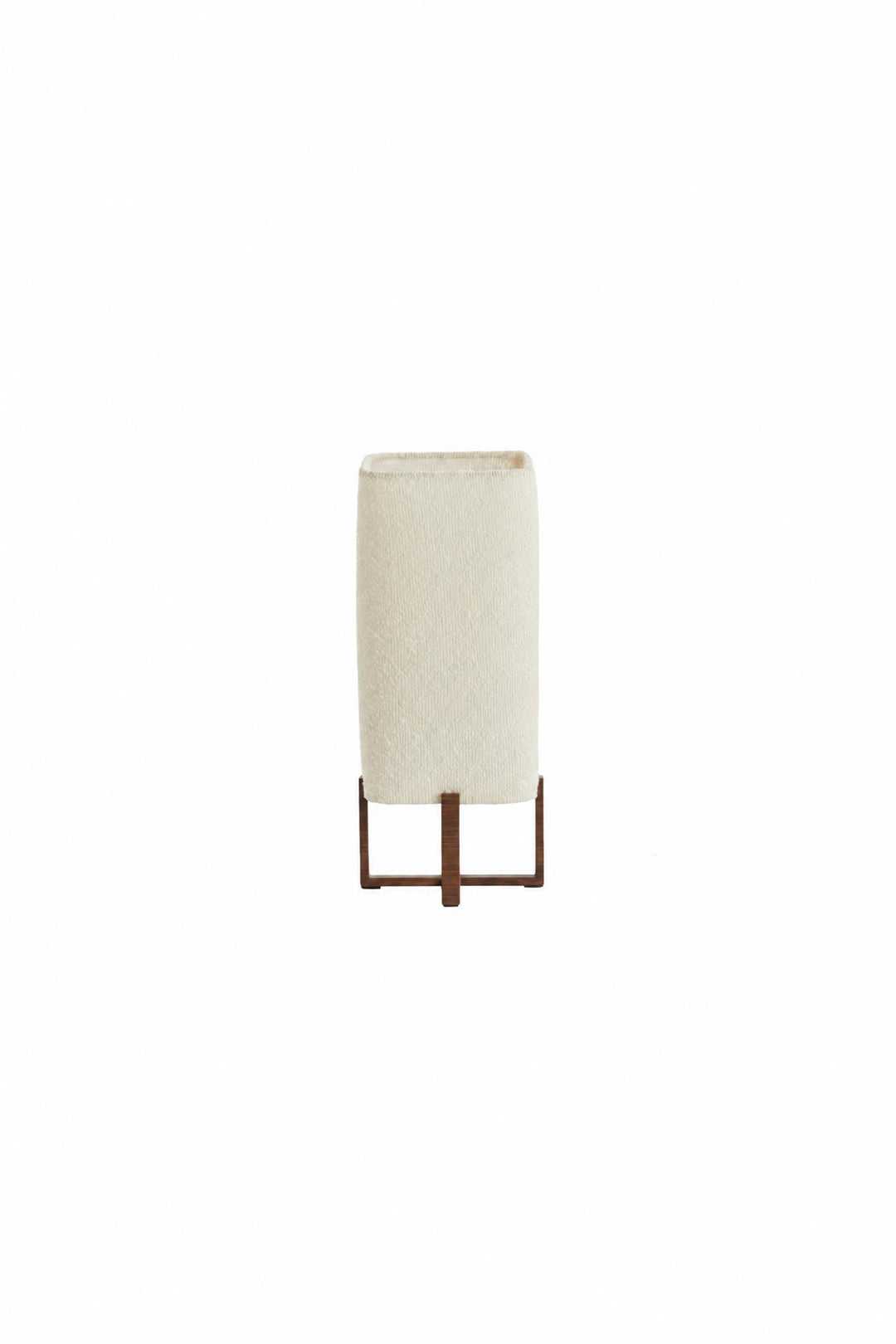 Lampada da tavolo Wyn in metallo, stampa effetto legno marrone scuro e bouclé crema